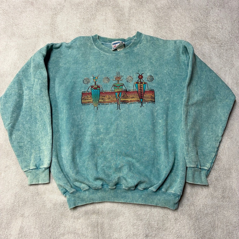 Vintage 90s Tribal Native Art Sweatshirt Teal Acid Wash Graphic Hanes Tag Mens M